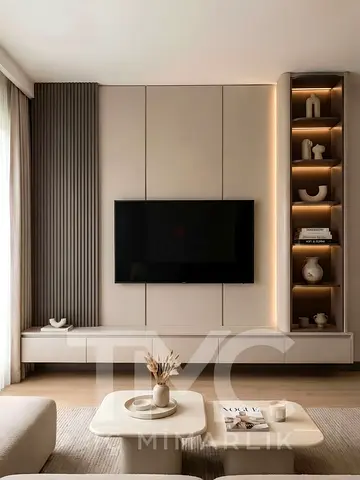 Minimalist Wall-Mounted TV Unit with Built-in Shelving and Floating Cabinet