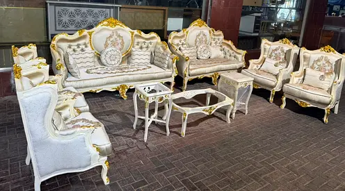 Antique-Style Gold & Cream Living Room Sofa Set — 3+2+1+1+1+1 Chairs with Coffee Tables