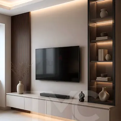 Modern wall-mounted TV unit with illuminated display cabinet