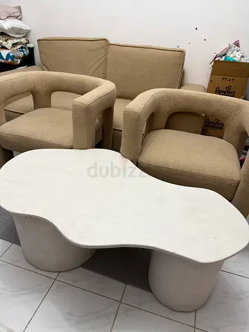 1 Sofa, 2 beige upholstered dining/armchairs - good condition