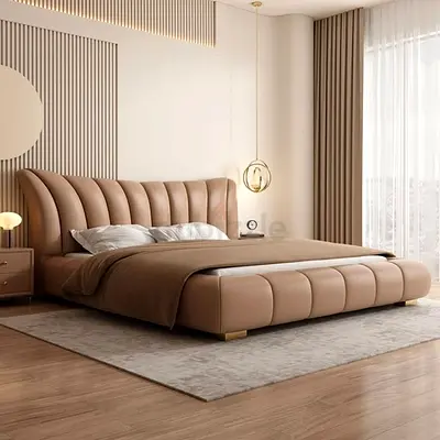 Modern Upholstered King Bed with Curved Headboard - Brown