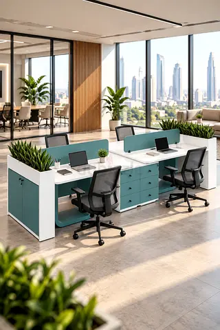 4-Person White Face-to-Face Workstation with Planter Box – Dubai