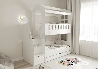 Modern White Bunk Bed with Stairs and Storage