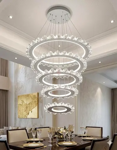 5-Ring Modern Crystal LED Chandelier – Silver Multi-Tier Pendant Light
