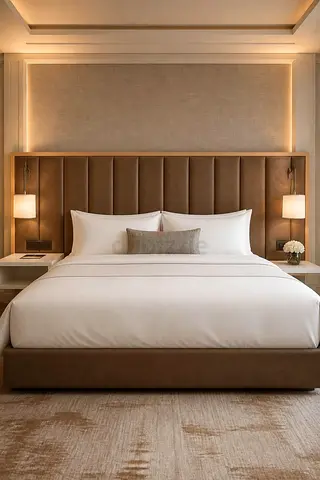 King size upholstered bed with padded headboard