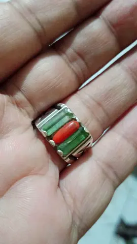 Sterling ring with green and red stone inlay - size fits men's finger