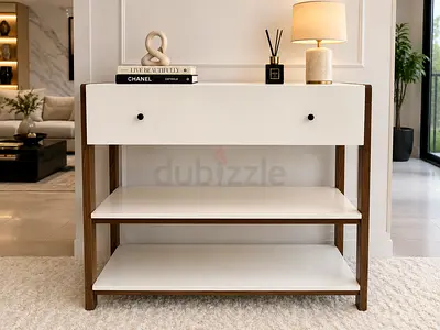 Pottery barn Minimalist White Console Table with Wood Frame and Shelves