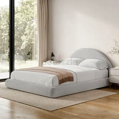 Modern Grey Fabric Bed Frame with Curved Headboard