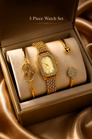 3-piece Women's Watch and Bracelet Set with Crystals