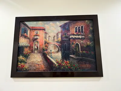 Framed Oil-Style Canal Village Painting