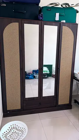 Excellent Dark Wood 4 Door Wardrobe with Mirrored Center