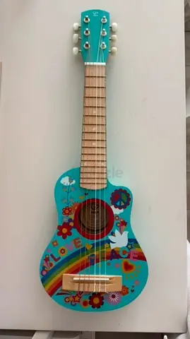 Hape Flower Power Guitar - small wooden acoustic kids guitar with colorful peace/flower design