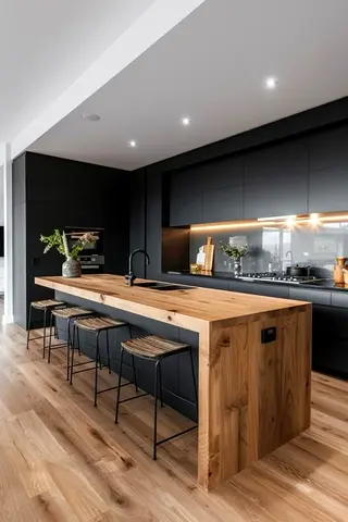 Modern kitchen wood island with 4 stools
