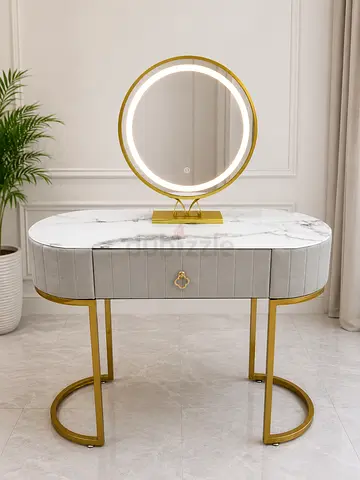 Modern Marble Top Vanity Table with LED Mirror and Gold Accents brand new