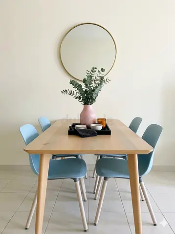 Light Wood Dining Table with 4 Blue Chairs