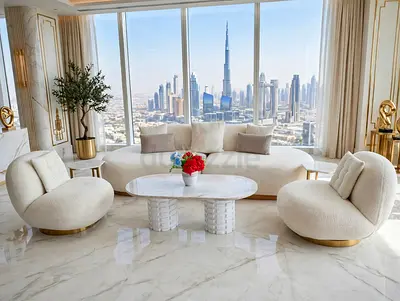 Modern Luxury Cream Sofa Set with Marble Coffee Table and Lounge Chairs