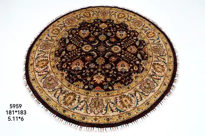 181 x 183 cm | 5.11 x 6 ft / Oriental Floral Brown Round Rug Afghan Hand Knotted Veg Dye Wool carpet