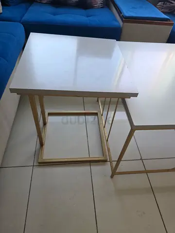 Set of 2 side and 1 center tables with gold frames