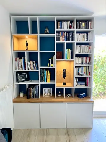 Custom White Built-in Bookshelf with Display Cubes and Storage Cabinet