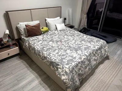 Queen upholstered headboard with mattress and hydraulics (used only for 1 year in good condition)
