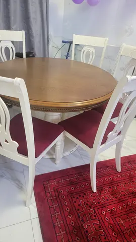 Solid Wood Round Dining Table with 6 White Chairs - Good Condition