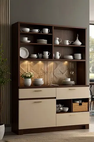 Wooden Display Cabinet with Shelves and Drawers - Dark Brown & Beige