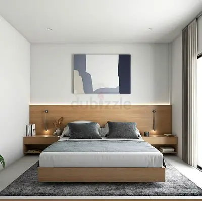 Modern Minimal Wooden Platform Bed with Integrated Headboard and Side Shelves
