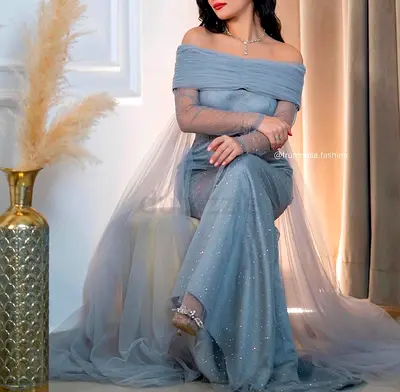 Evening off-shoulder sequin gown in soft grey (women's size)