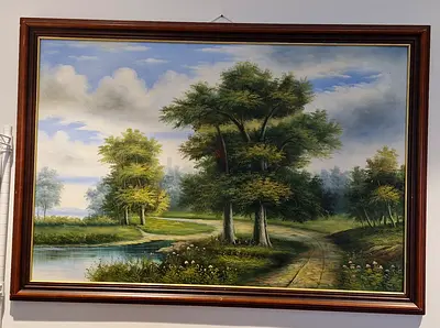 Large Framed Landscape Oil Painting — Path by Lake