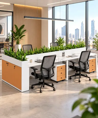 4-Person White Face-to-Face Workstation with Side Planter Box – Dubai