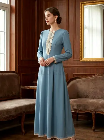 Elegant Long Sleeve Modest Blue Maxi Dress with Lace Trim - available in Alain