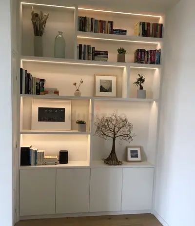 Built-in White Wall Bookcase with LED Shelves