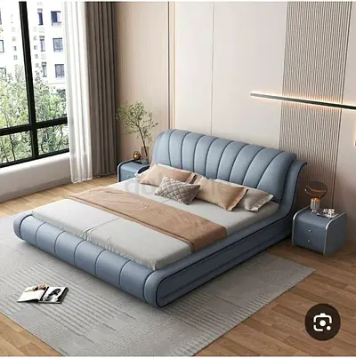 Modern Upholstered Low Platform Bed with Padded Headboard - Blue