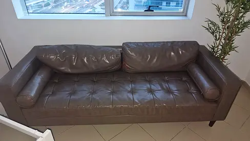 Modern Brown Faux Leather Sofa with Bolster Pillows