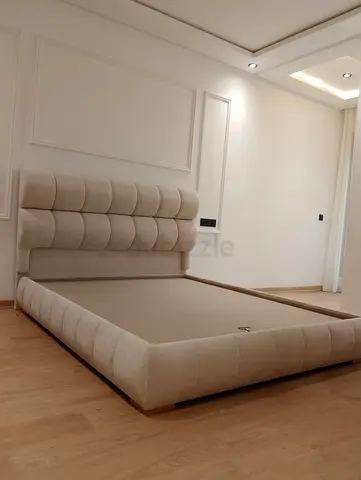 Beige Upholstered King Size Bed Frame with Padded Headboard