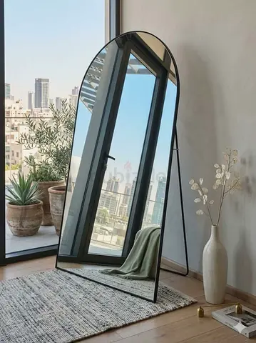 Full-Length Arched Standing Mirror with Black Frame
