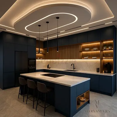 Modern matte navy kitchen cabinets with island and integrated lighting