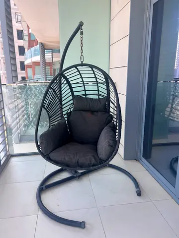 Black Hanging Egg Chair with Cushions on Stand - Good Condition