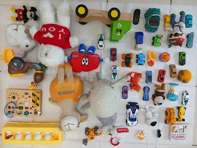 Mixed bundle of toy cars, plush animals and assorted kids toys - used set Cheapest prices 49 Dhs.