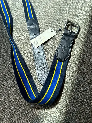 Polo Ralph Lauren Navy blue yellow stripe fabric & leather belt — casual classic, size 95