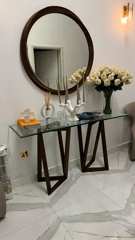 Al Huzaifa Glass Top Console Table with Wooden Base and Round Mirror Set
