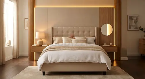 Beige Upholstered Queen Bed with Headboard