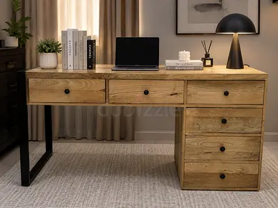 Solid Wood Desk with 6 Drawers and Metal Leg - Rustic Finish