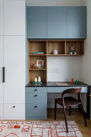 Built-in study desk with overhead cabinets and shelving — good condition