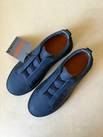 Premium Standard Zegna Navy Leather Casual Sneakers - New with Tags, Size Available