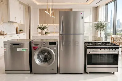 Set of Stainless Steel Large Home Appliances: Fridge, Washer, Dishwasher, Range
