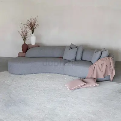 Modern Curved Grey Fabric Sofa - 3-Seater with Cushions
