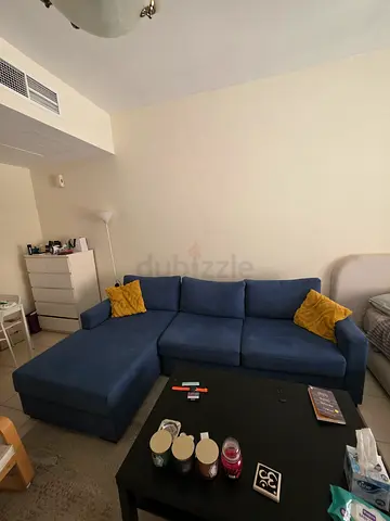Blue L-shaped Fabric Sofa with Chaise - Good Condition