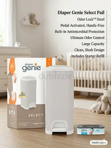 Diaper Genie Select Pail with Starter Refill - White, Pedal-Activated