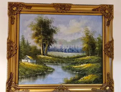 Framed Vintage Landscape Oil Painting with Ornate Gold Frame